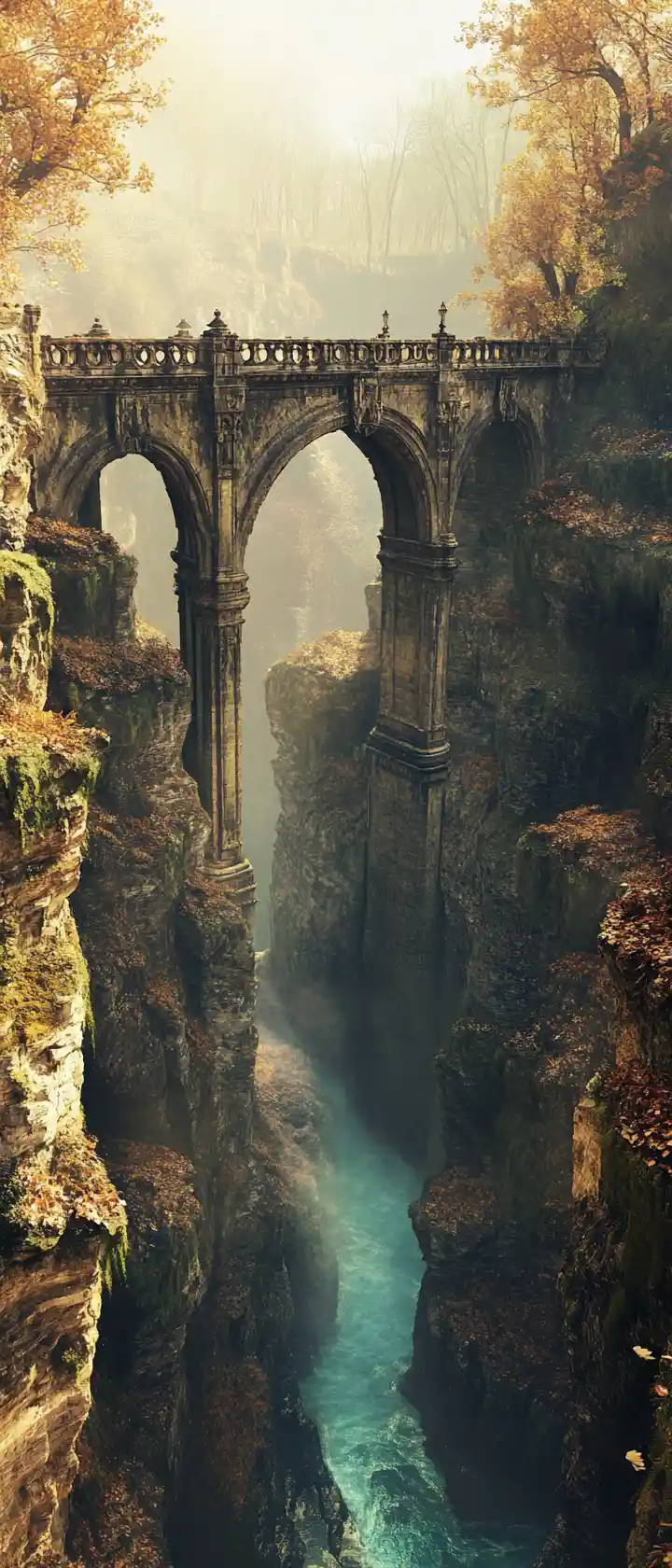Gothic stone bridge over turquoise river in autumn gorge