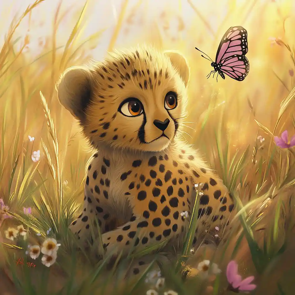 Baby cheetah watching butterfly in warm savanna grass