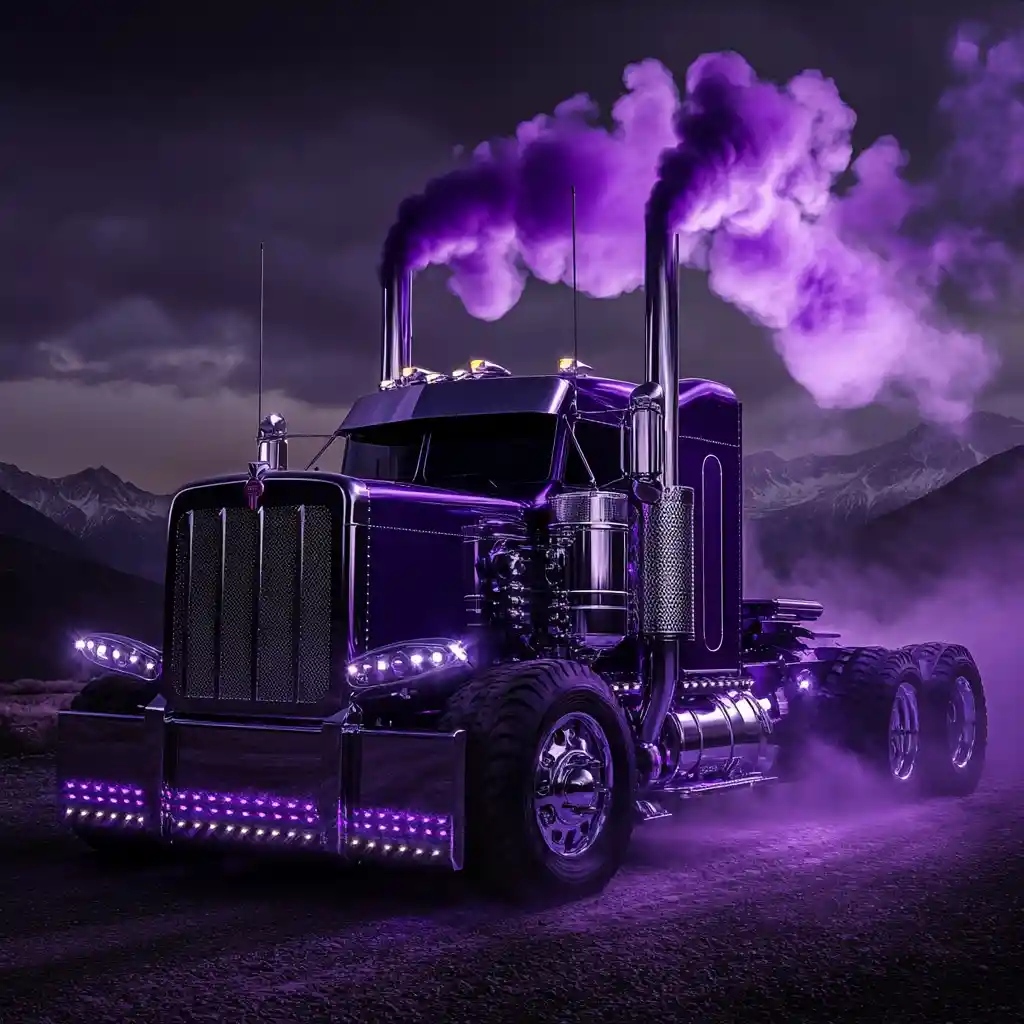 Dark purple show truck on dirt road below mountains