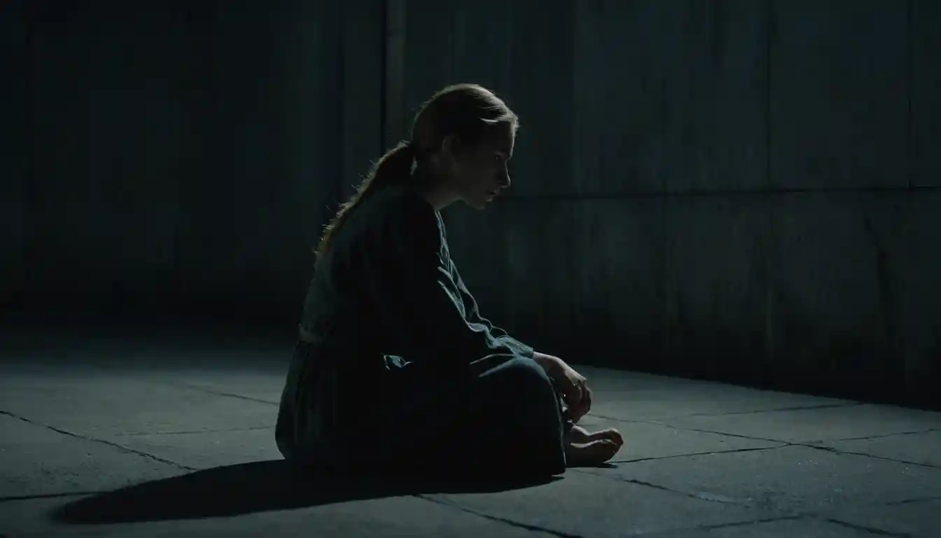Lonely woman in a moonlit prison cell at night