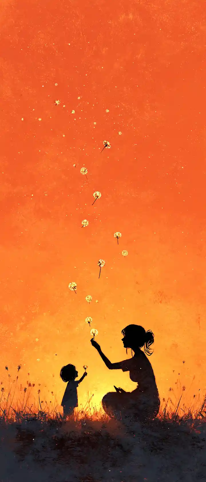 Mother and child silhouette at sunset with drifting dandelion seeds