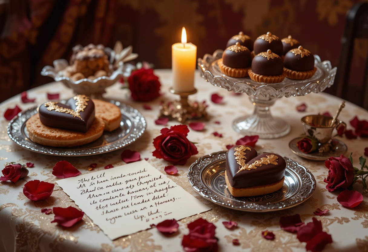 Dessert romantici in natura morta su un'elegante tavola illuminata da candele