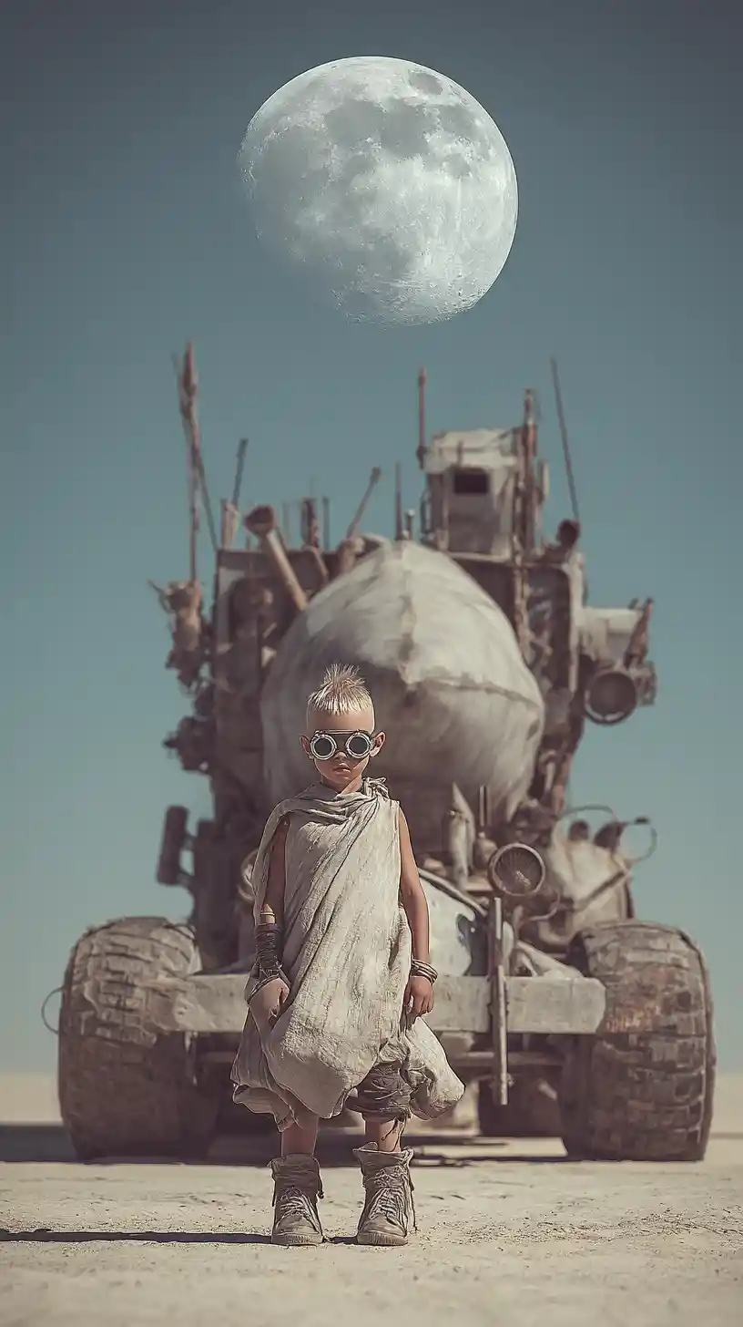 Uomo calvo di fantascienza nel deserto con la luna sopra