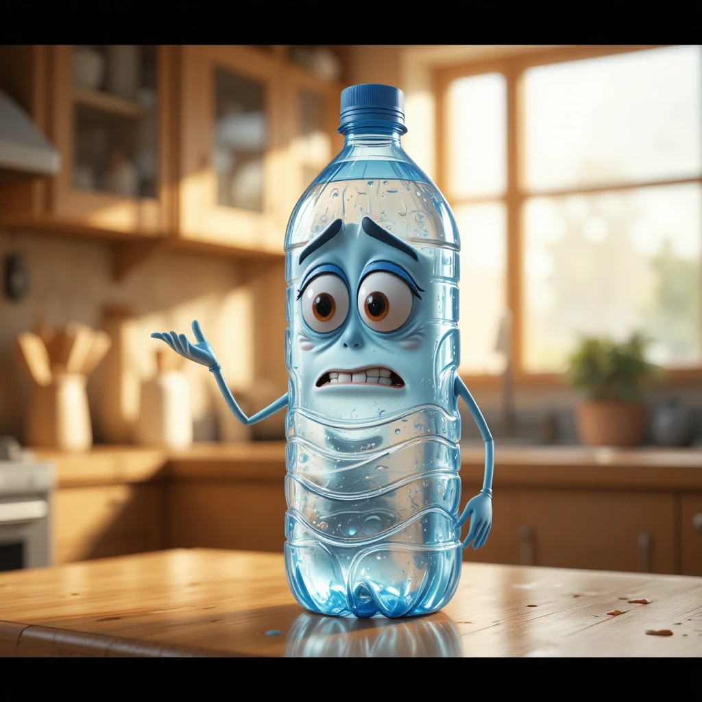 Animated water bottle character on a warm kitchen counter