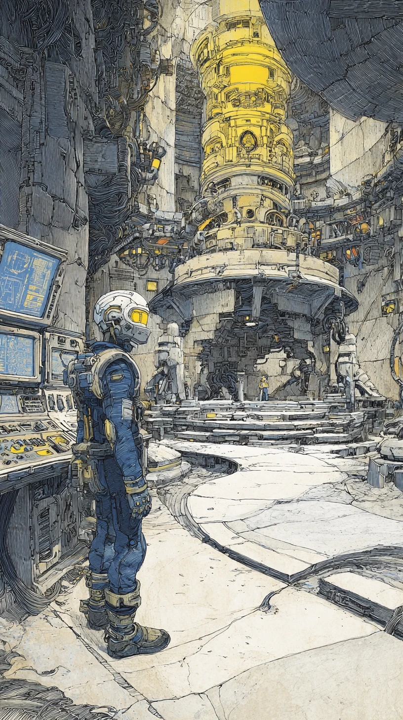 Futuristischer Tempelsoldat, der eine strahlende außerirdische Gottheit betrachtet
