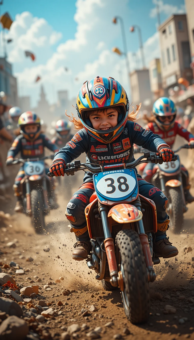 Caótica carrera de motos infantiles con salvaje energía de dibujos animados