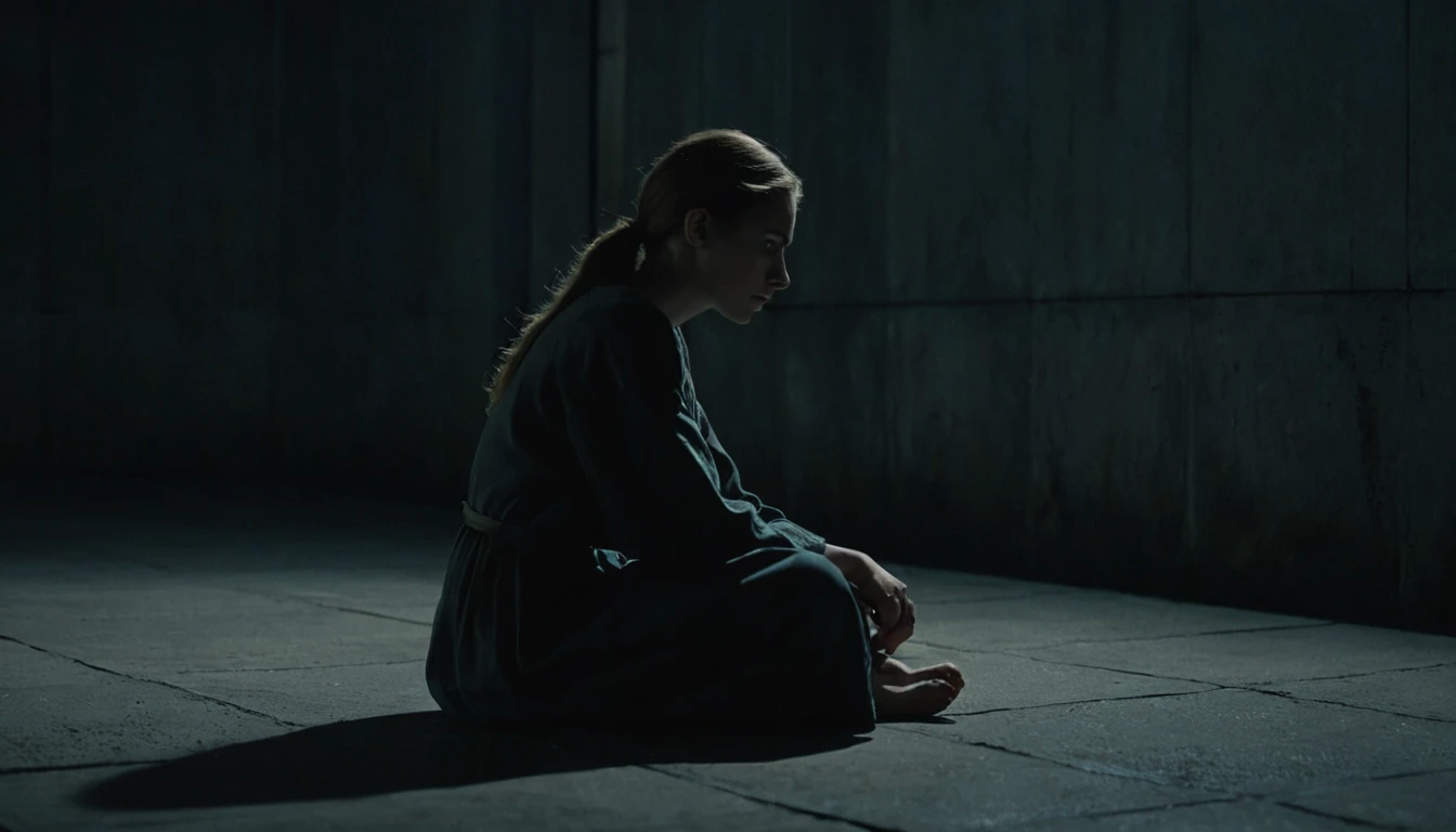 Lonely woman in a moonlit prison cell at night