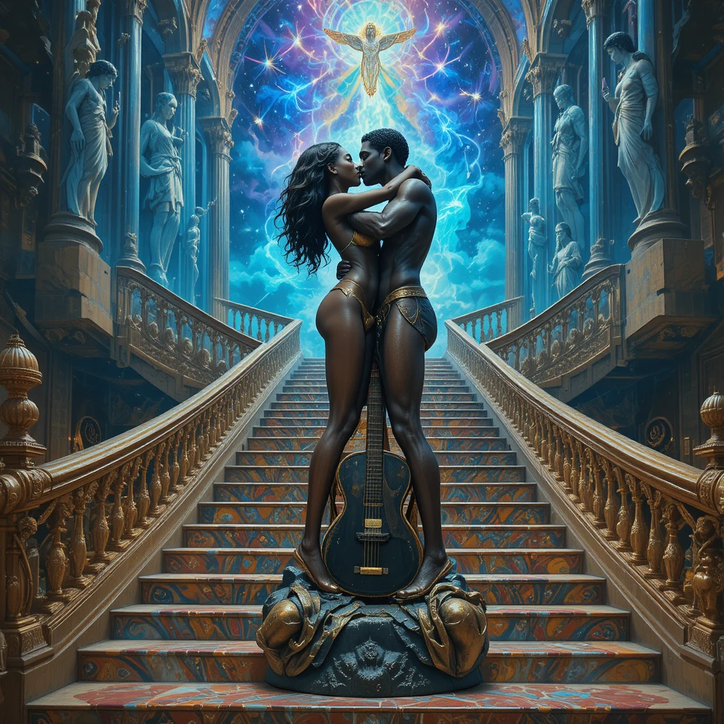 Bronze statue of a woman embracing a man on a guitar