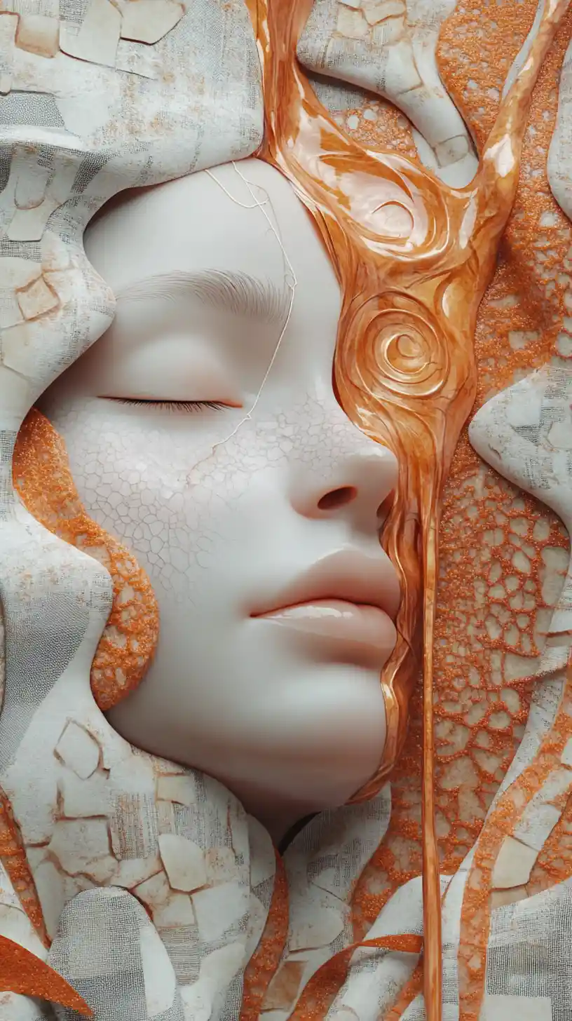 Surreal female profile with metallic tears and fabric mosaic