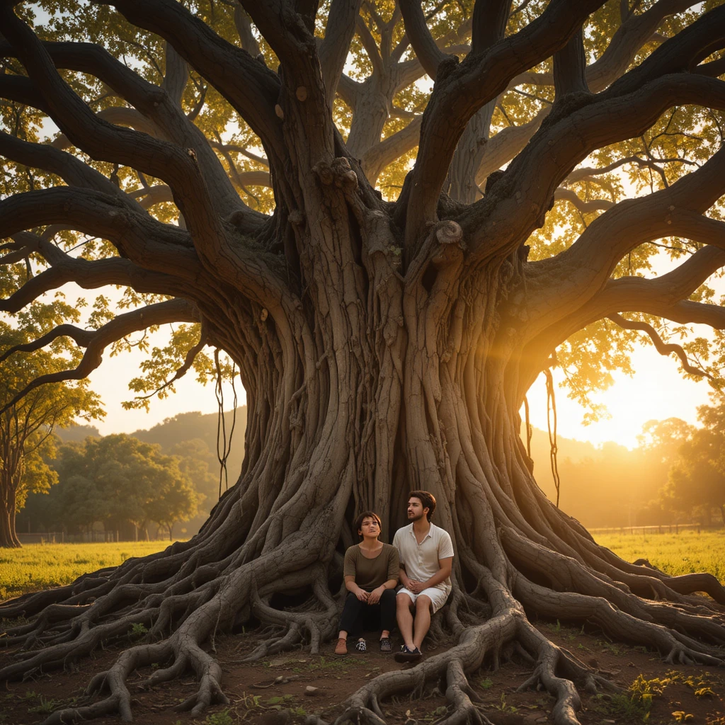 Amigos que comparten esperanza bajo un antiguo árbol de banyán al atardecer