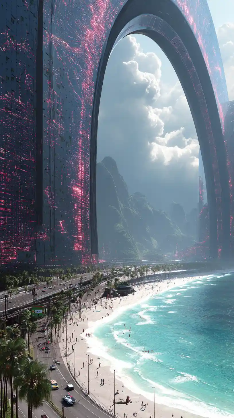 Futuristic arched megastructure above a coastal cyber city