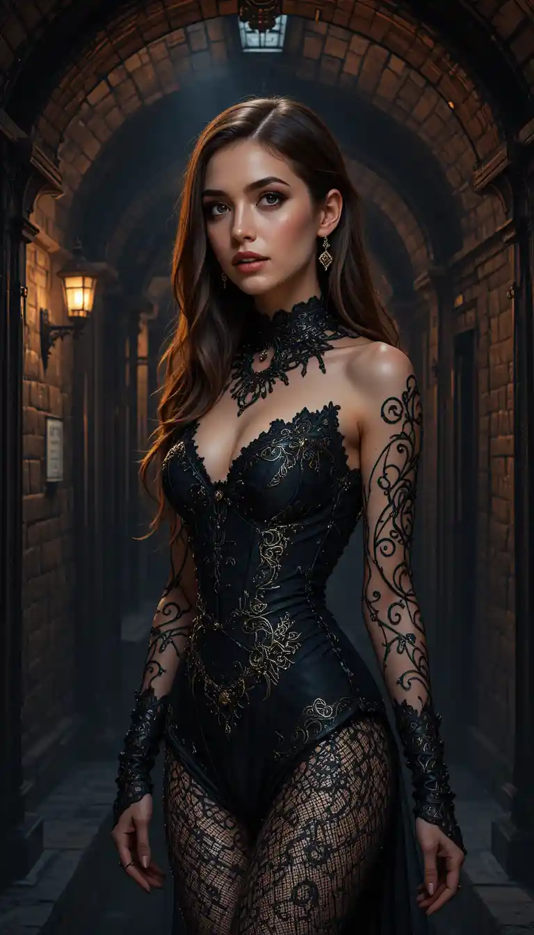 Elegant Italian woman posing in a torchlit dungeon