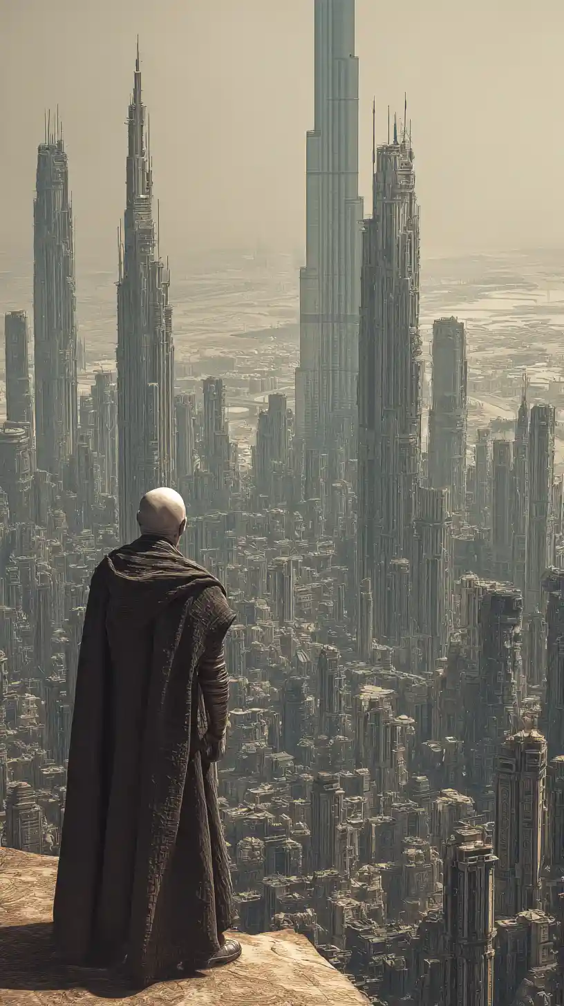 Uomo futuristico calvo in un campo nel deserto davanti a una città art déco