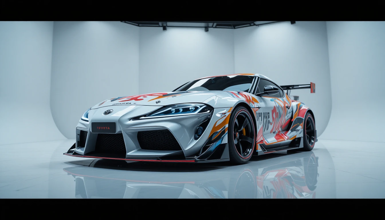 Widebody-Sportwagen im weißen Studio mit auffälligem Anime-Design
