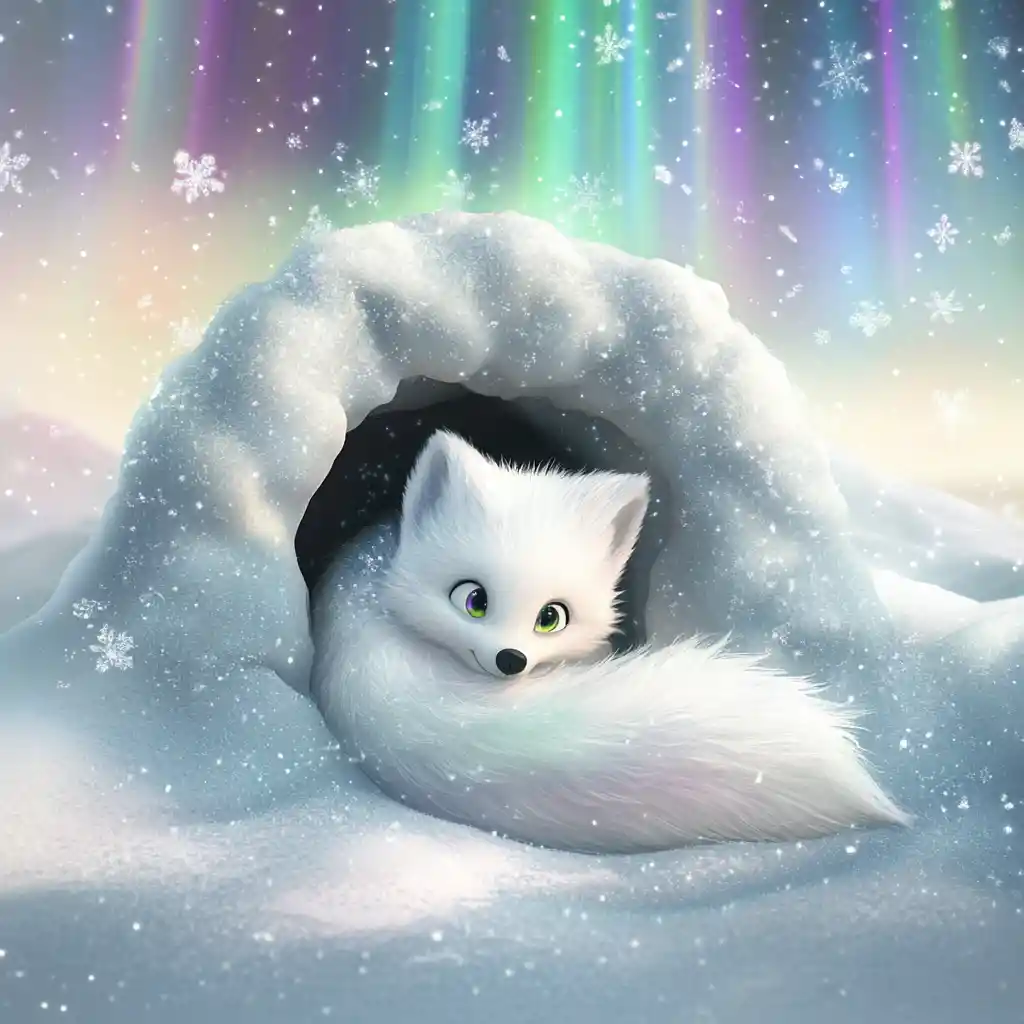 Volpe artica cucciolo raggomitolata in una tana innevata