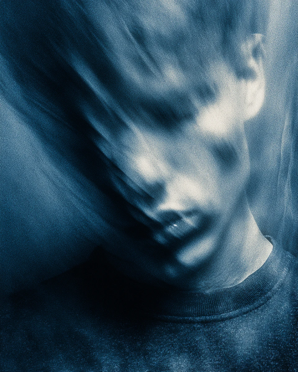 Gritty close up portrait with face half hidden in shadow