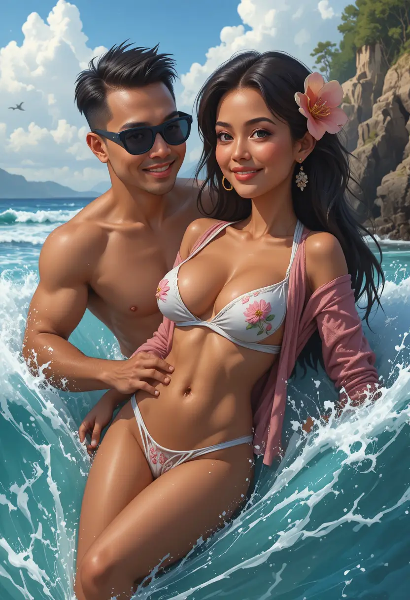 Uomo in forma che tiene in braccio una donna snella tra le onde del mare