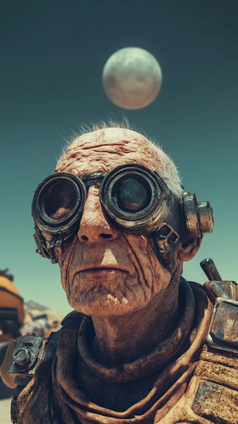 Anciano en el desierto ante un campamento distópico y una pequeña luna