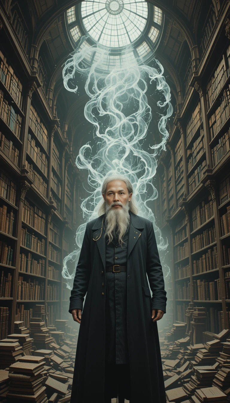 Sabio anciano en biblioteca llena de niebla bajo cúpula de cristal