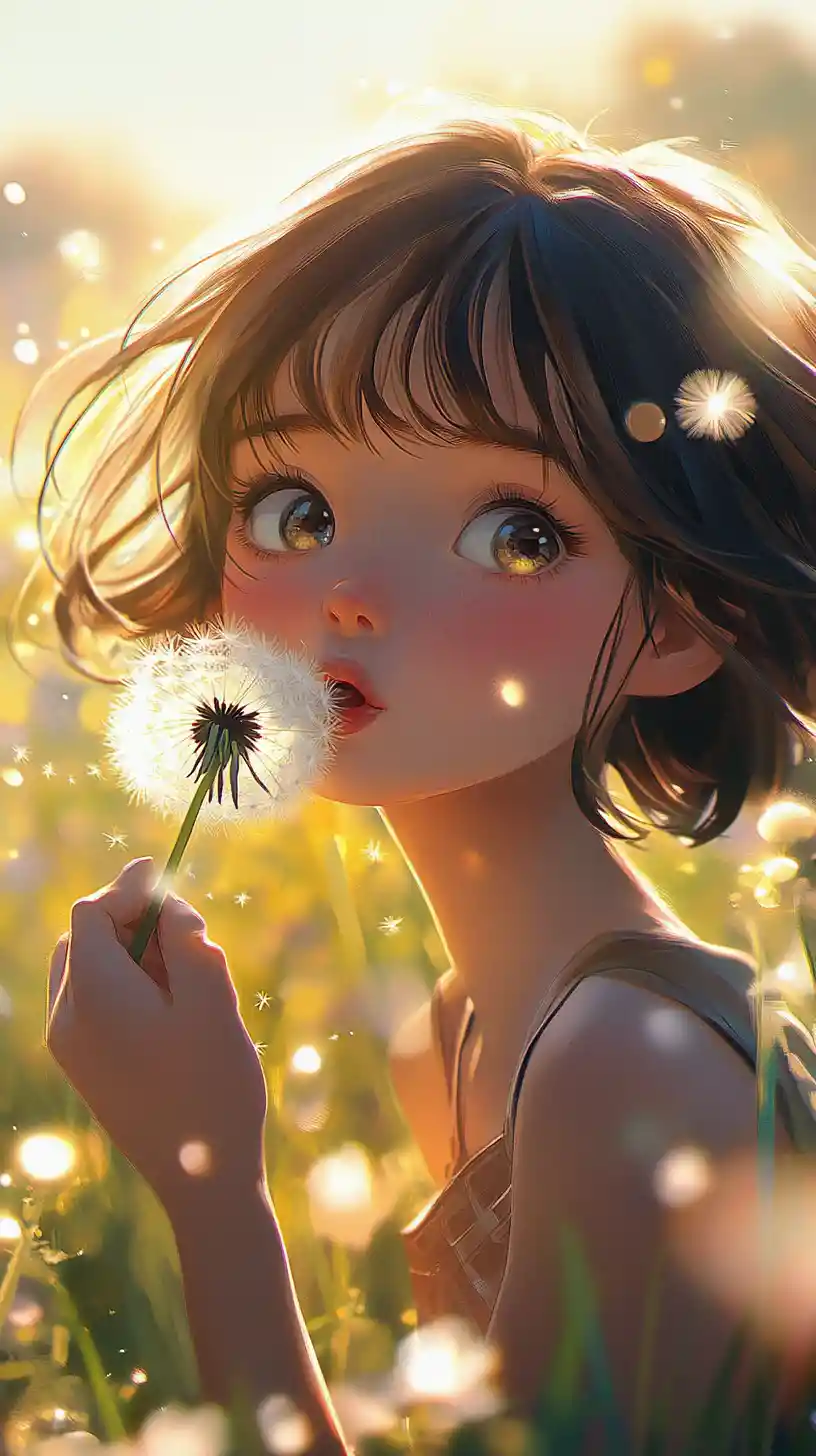 Anime girl blowing dandelion in sunlit flower field