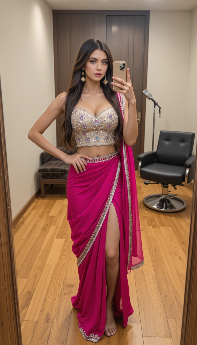 South Asian woman mirror selfie in indo western outfit