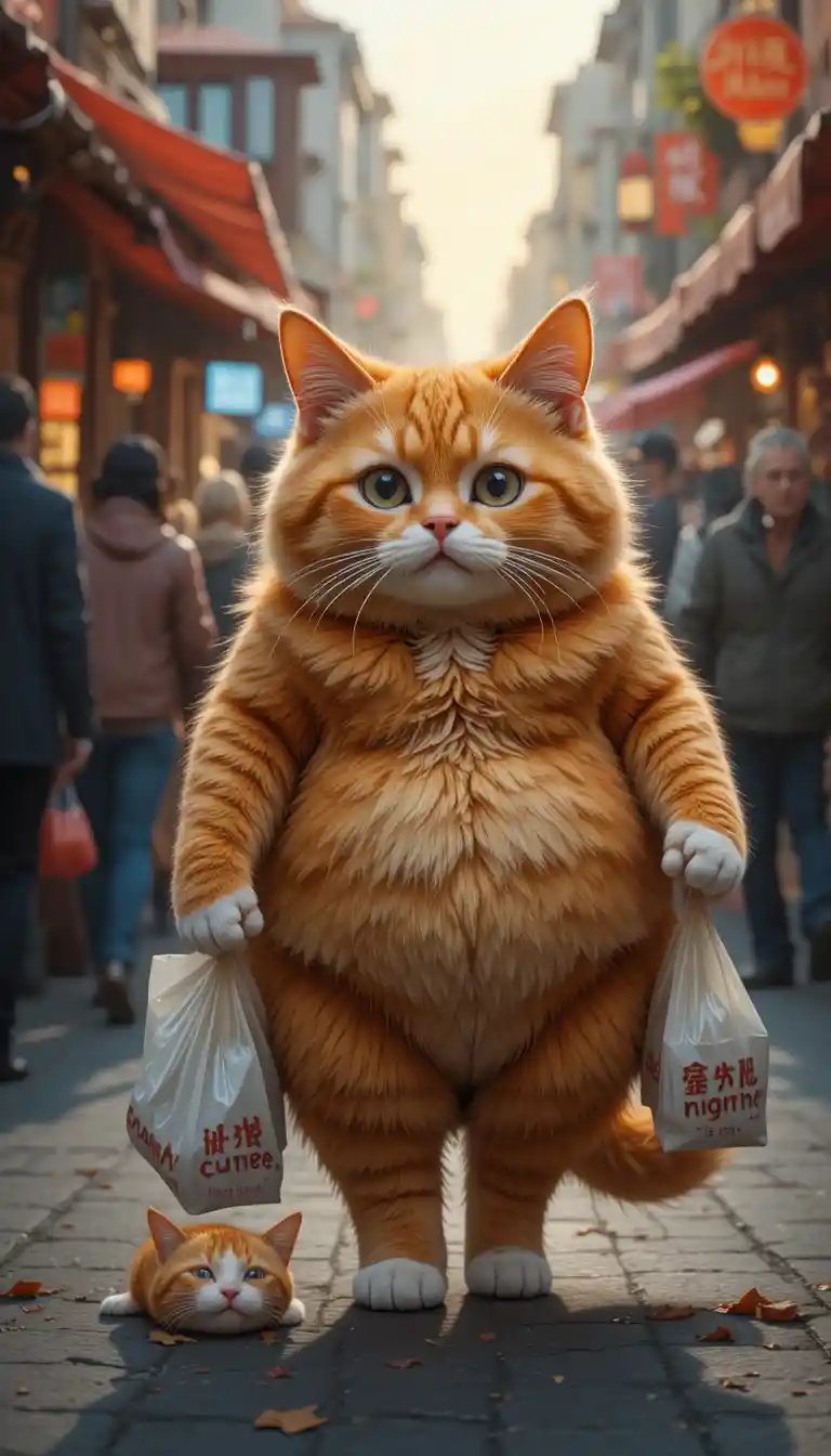 Chubby orange cat walking through a crowded street market