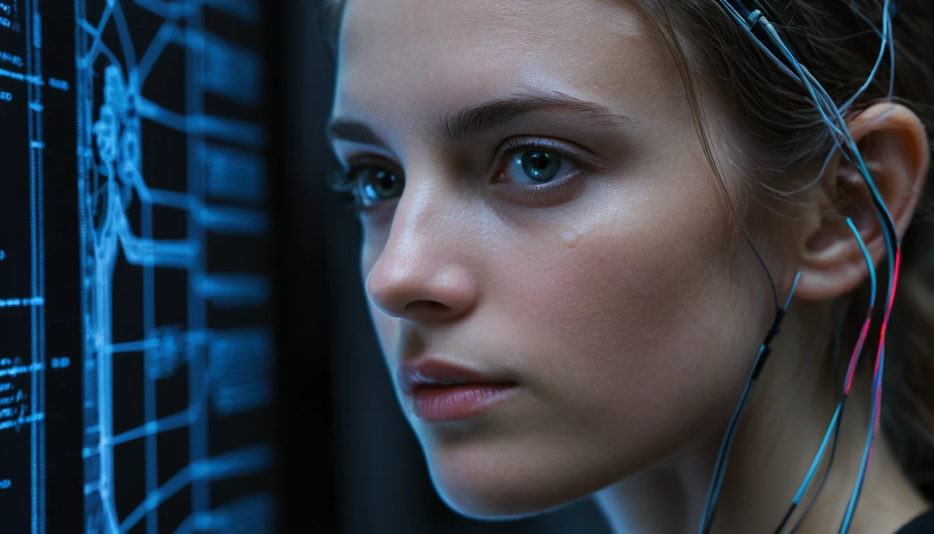 Young woman in profile lit by holographic hacking interface
