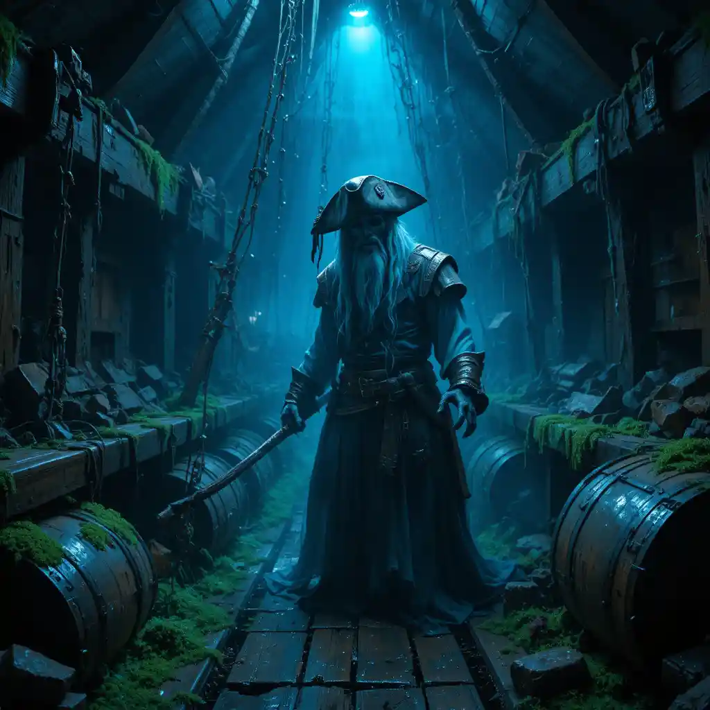 Ghost pirate lurking inside a dark old ship interior