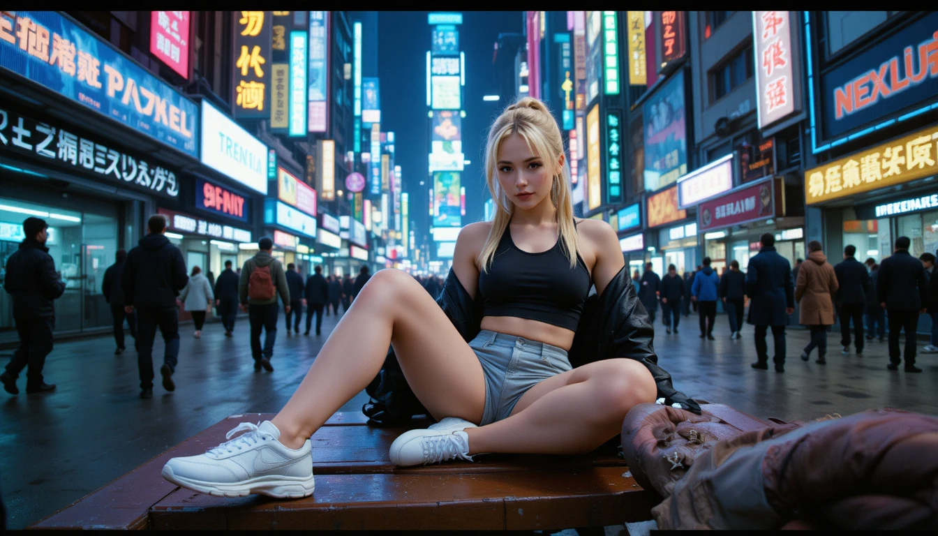 Fit blonde woman relaxing on bench in neon cityscape