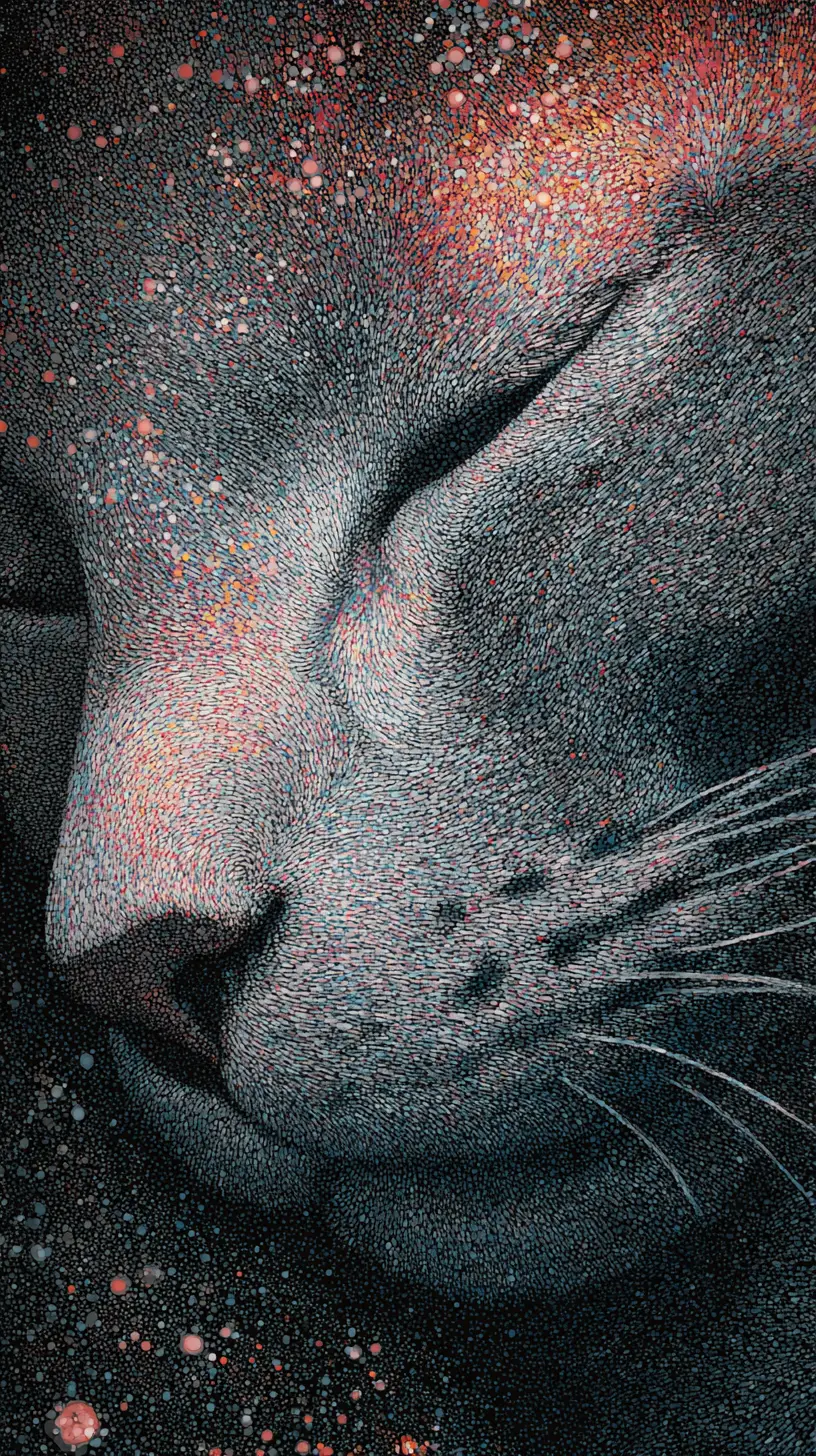Whimsical ghost lulling a weary tomcat to magical sleep