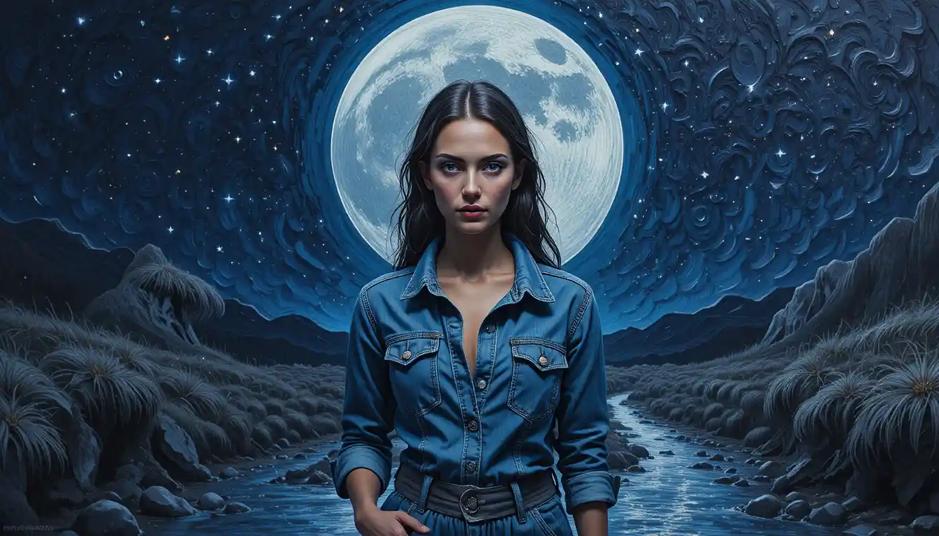 Woman under a full moon by a stream in textured paint