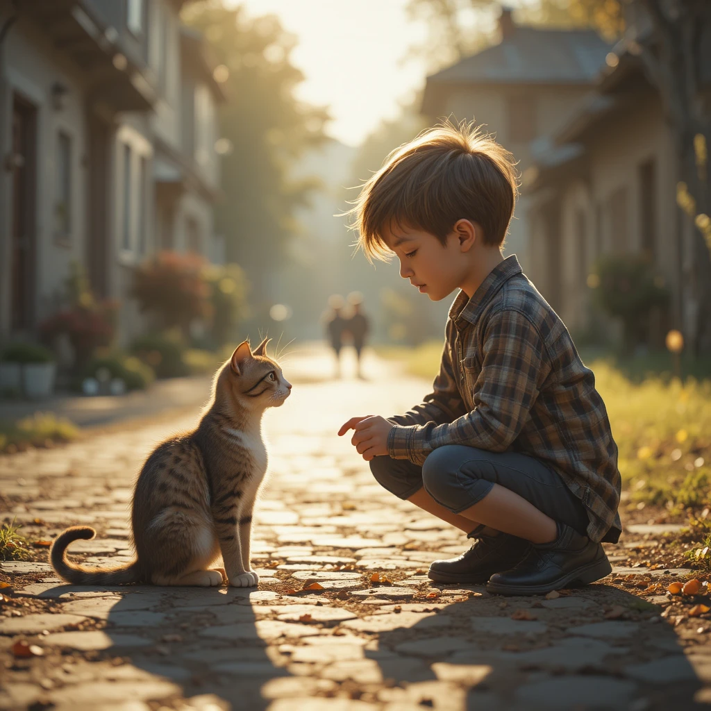 Niño arrodillado que se conecta con ternura con un gato callejero