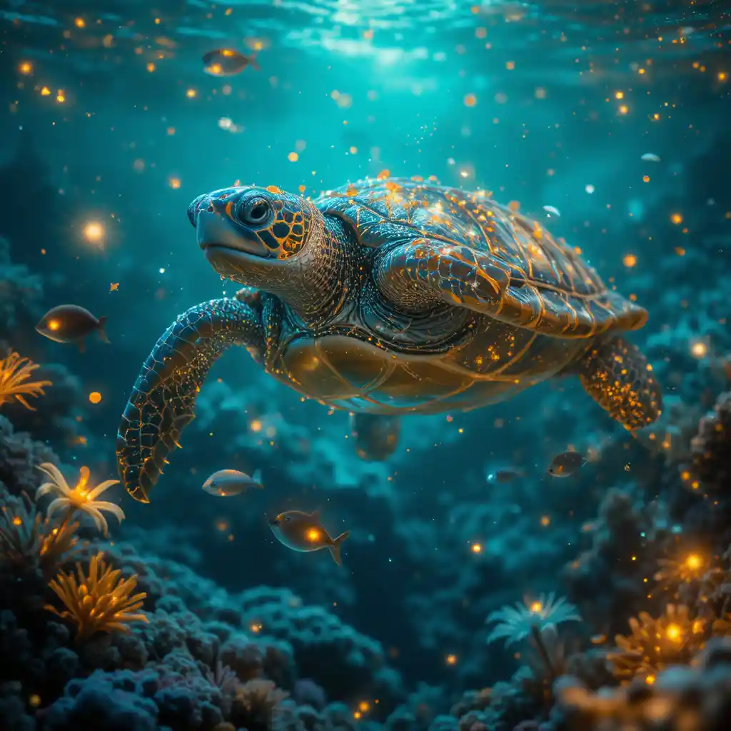 Tortue de mer dérivant dans un rêve sous-marin lumineux