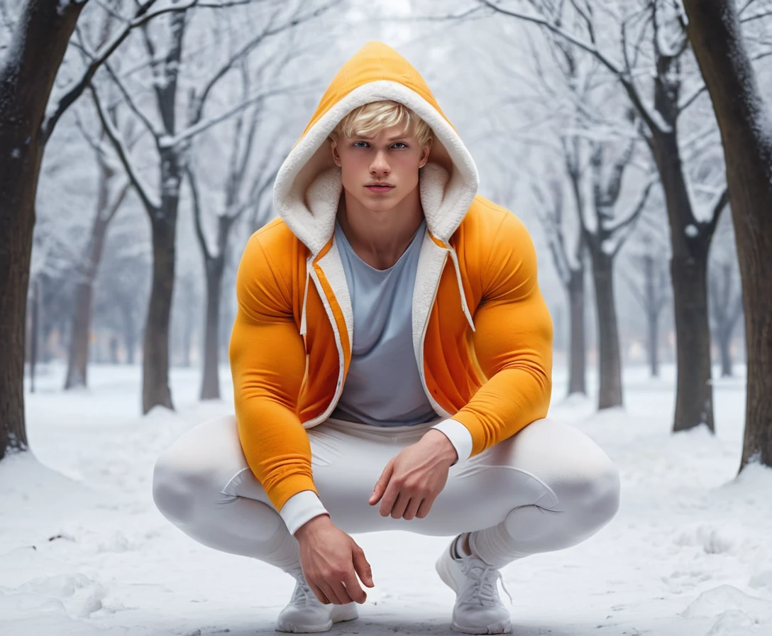 Jeune homme blond et musclé accroupi dans un parc en hiver