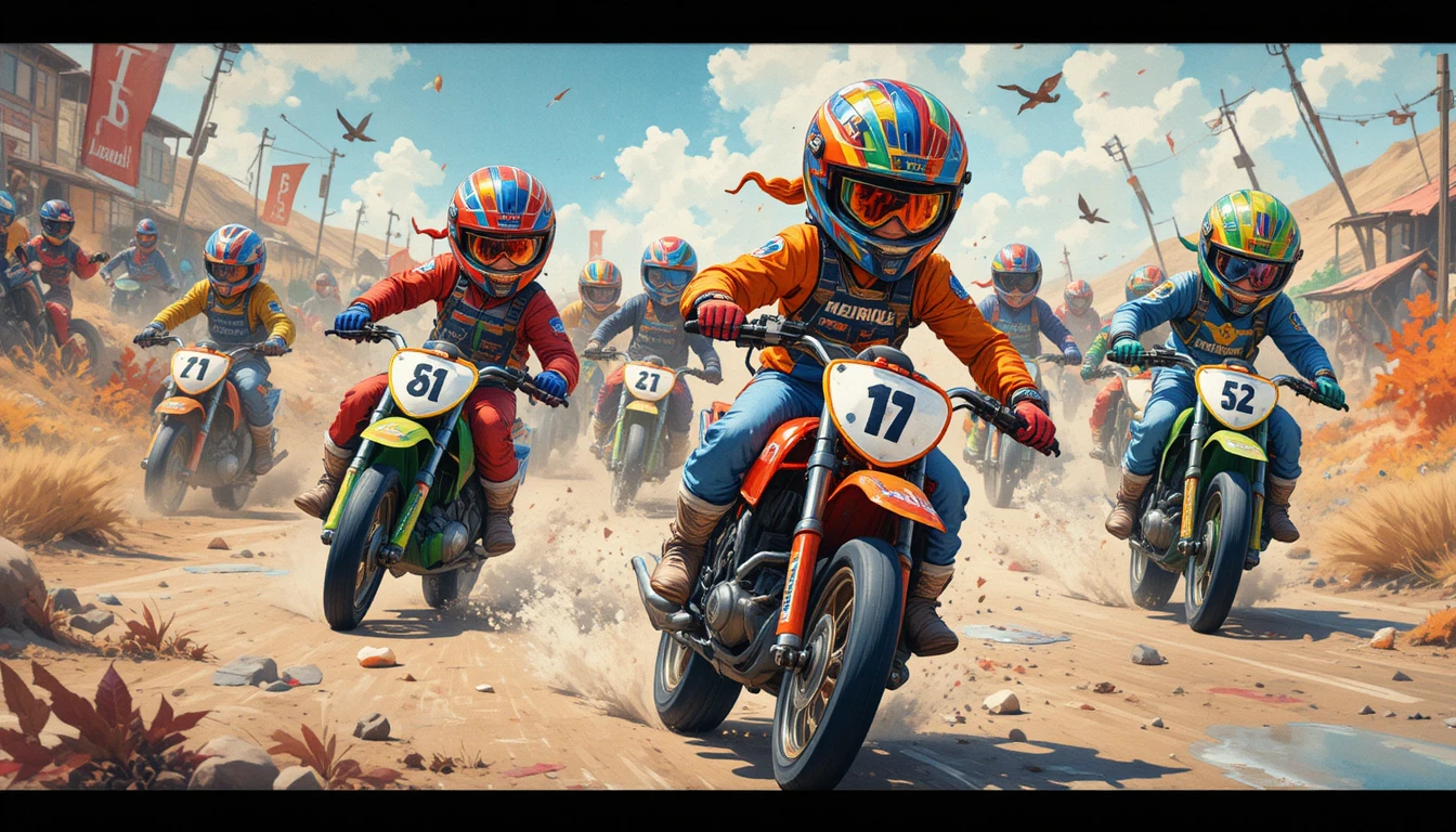 Caótica Carrera de Motos para Niños en Estilo Acuarela Juguetón