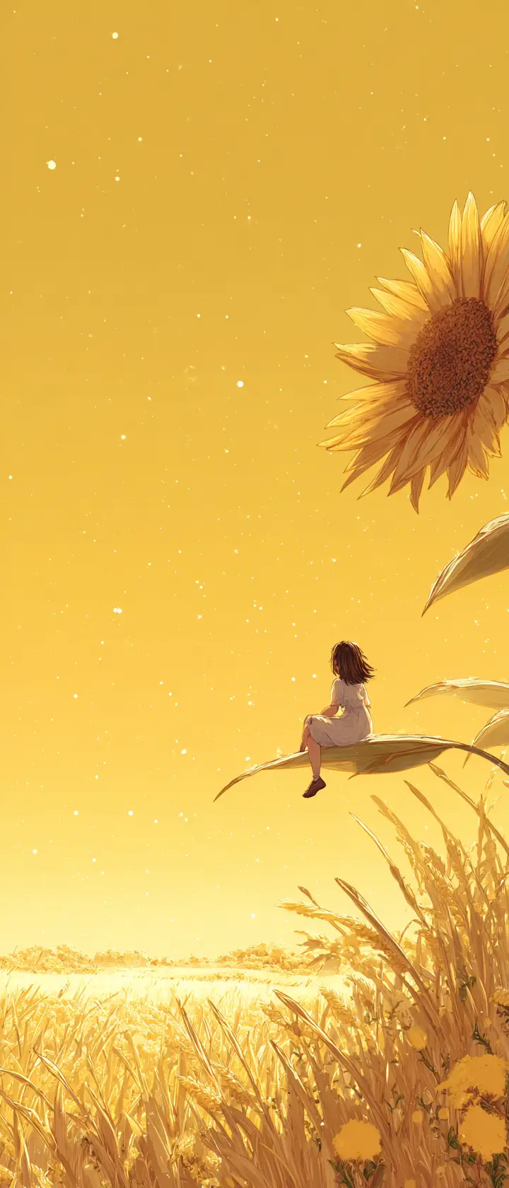 Tiny summer spirit resting on a giant sunflower petal