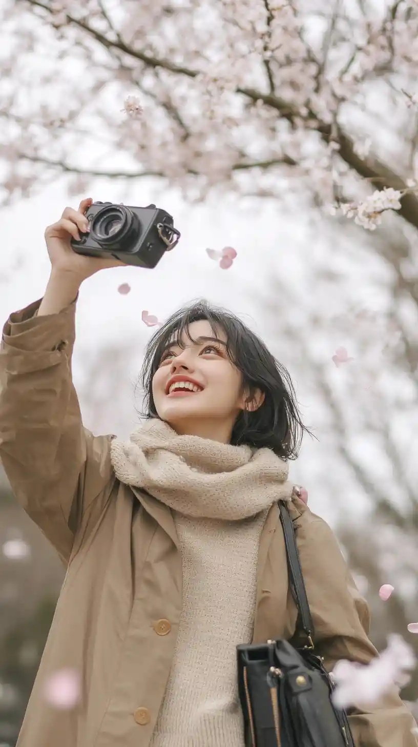 Joyful anime girl with camera under cherry blossoms