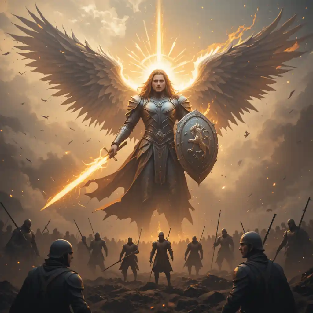 Divine angelic warrior shielding soldiers on smoky battlefield