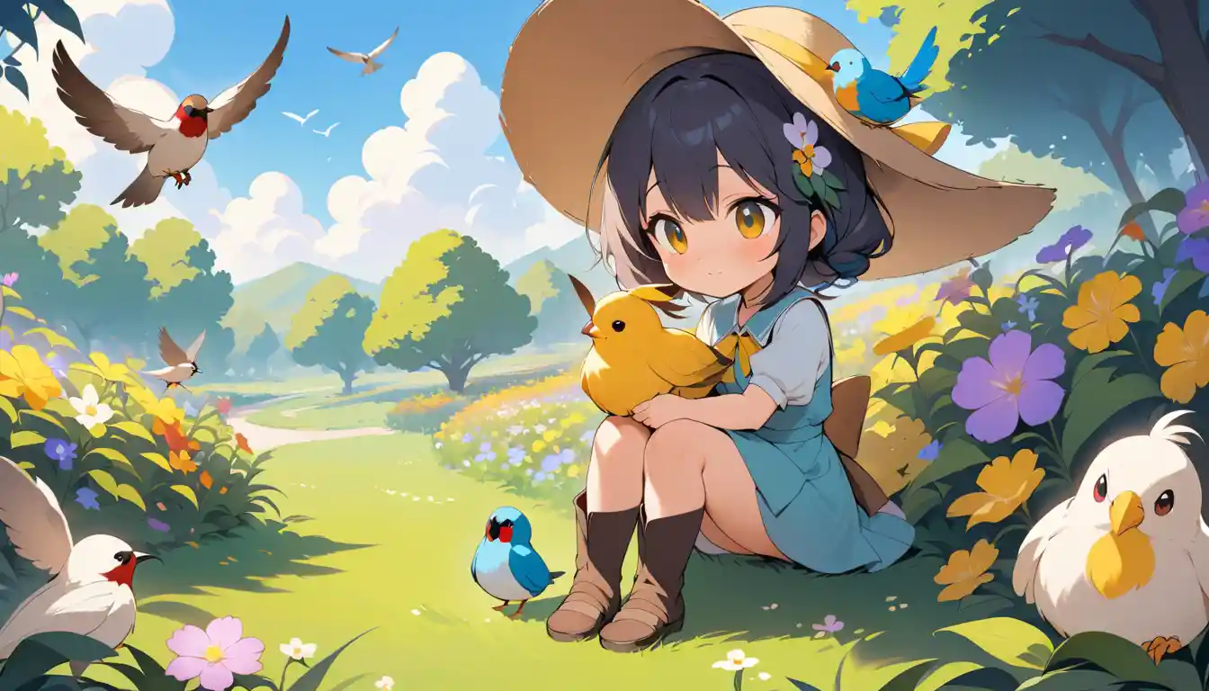 Woman with bird nest hat in a colorful flower garden