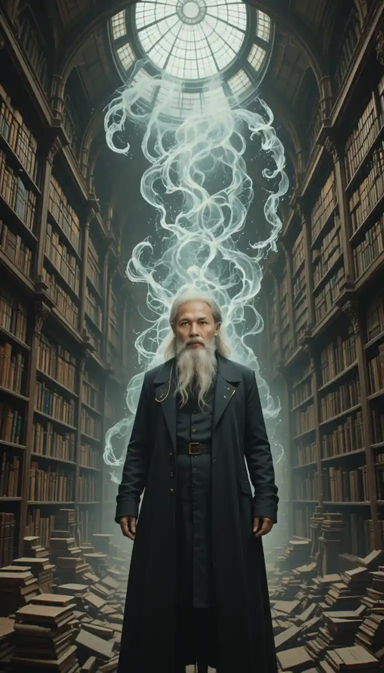 Sabio anciano en biblioteca llena de niebla bajo cúpula de cristal