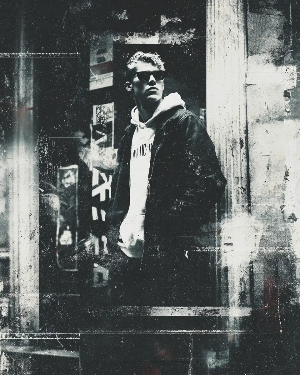a black and white picture of a man in sunglasses and a hoodie, distressed texture.