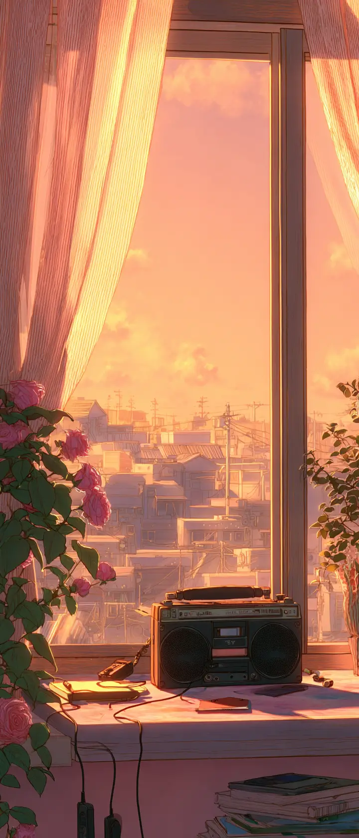 Old cassette player on a windowsill in warm anime light