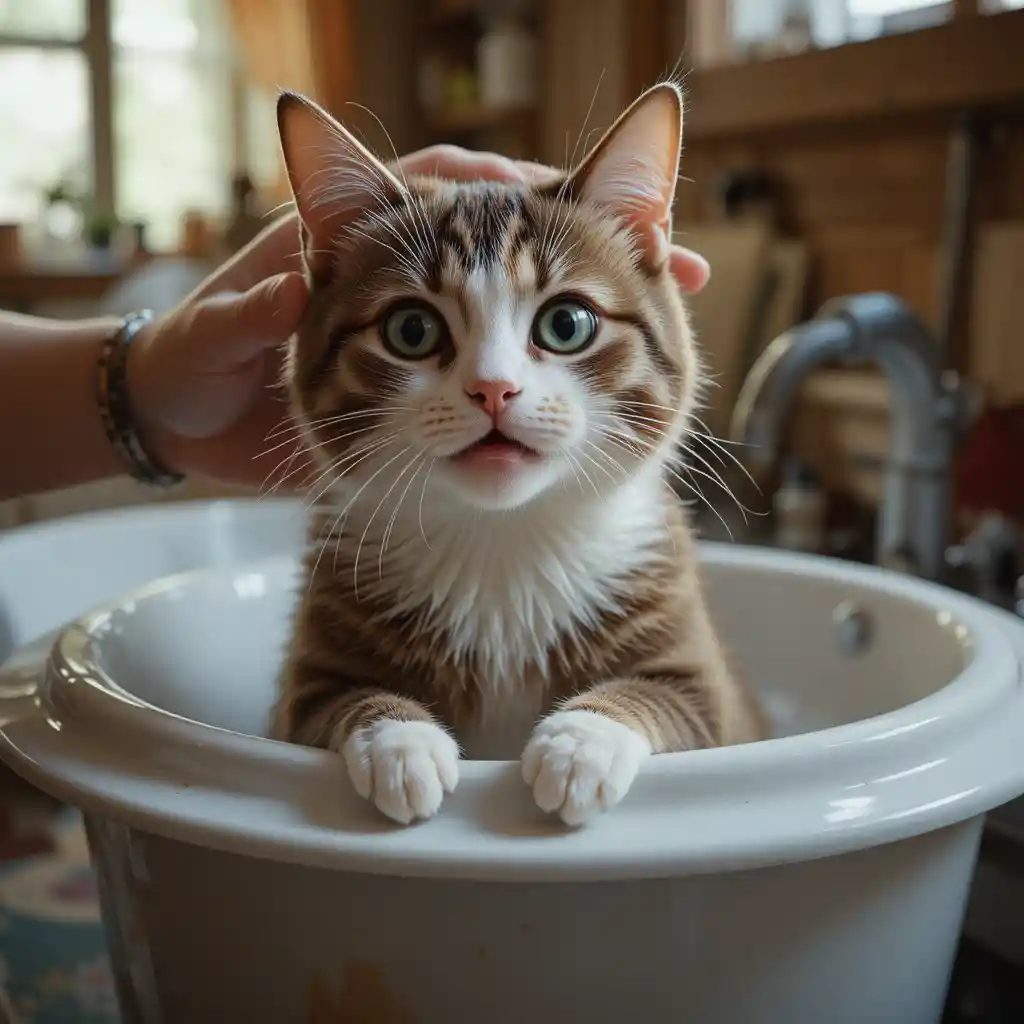 Rescued cat being gently washed and fed at home
