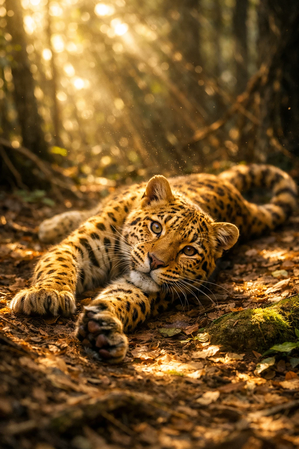 Verspielter Leopard streckt sich auf dem Waldboden im sanften Licht