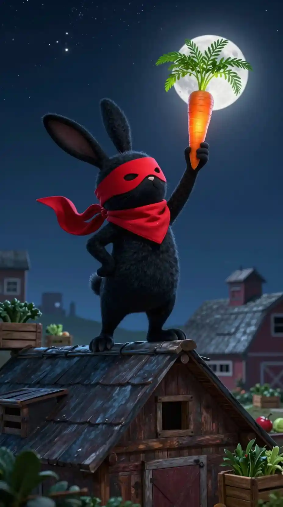 Black rabbit thief on farmhouse roof under moonlit sky