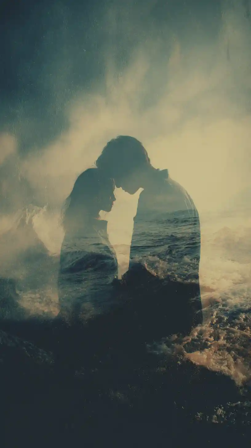 Paysage de cœur brisé au‑dessus de la forêt et de la mer, en style cinématographique