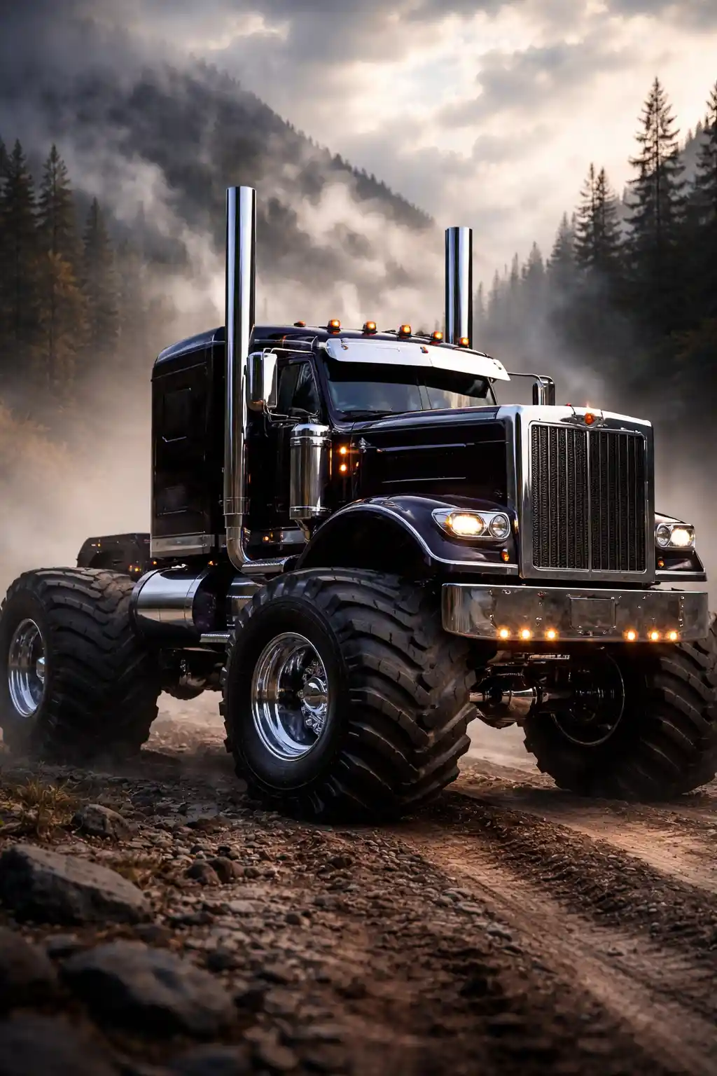 Black and purple custom truck with chrome on dirt road