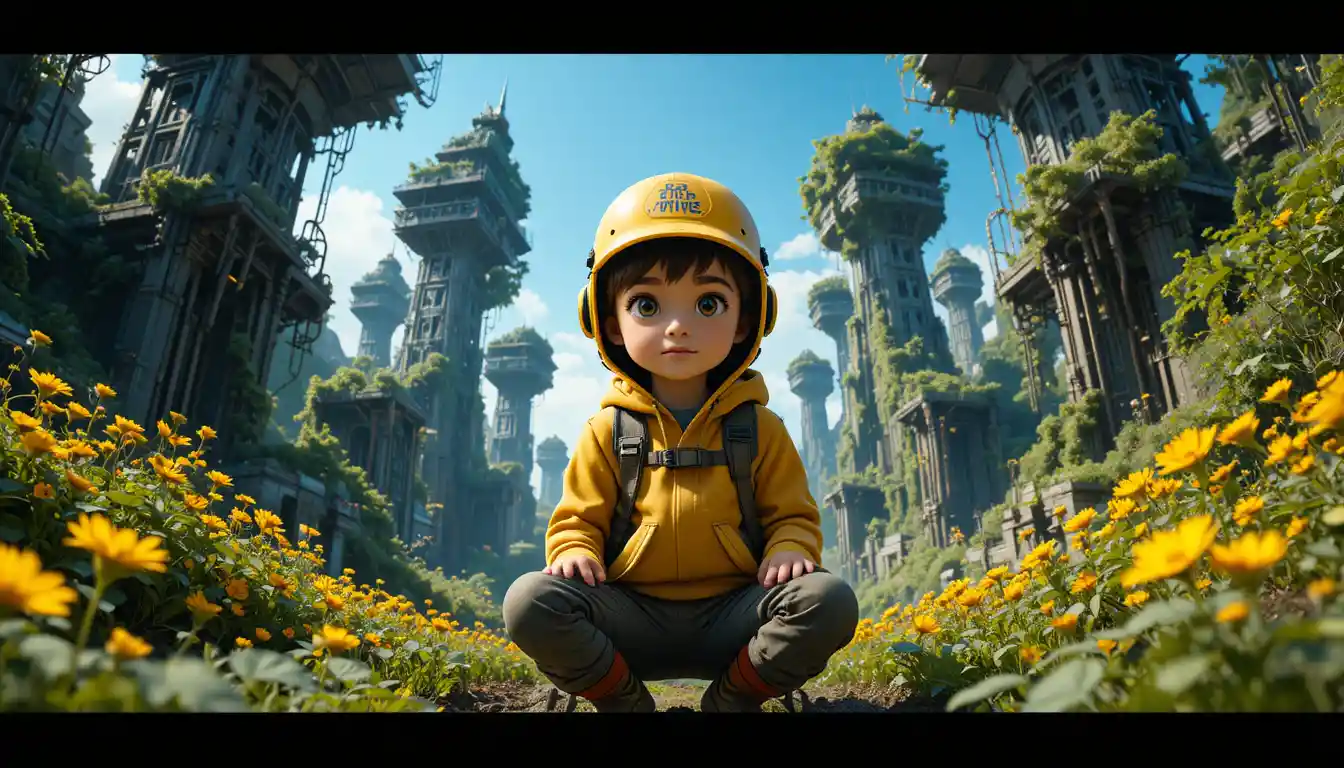 Bambino con cappellino giallo in una città organica futuristica