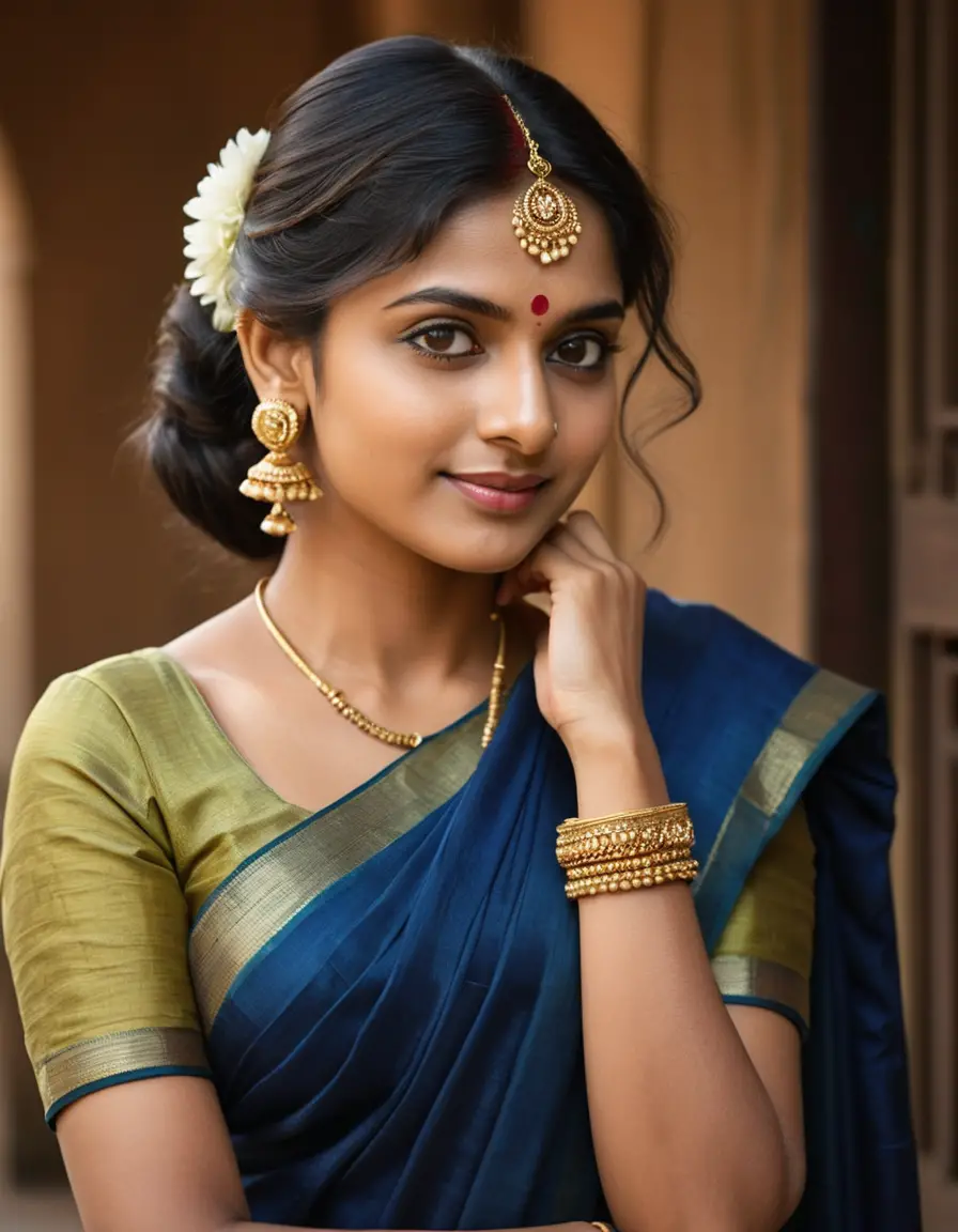 Indian woman in blue saree against soft outdoor wall