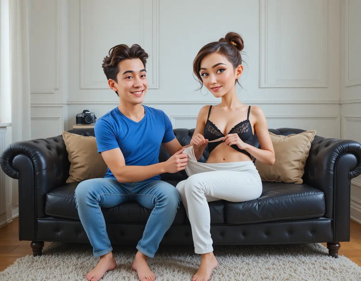Intimate white couple on black leather sofa indoors